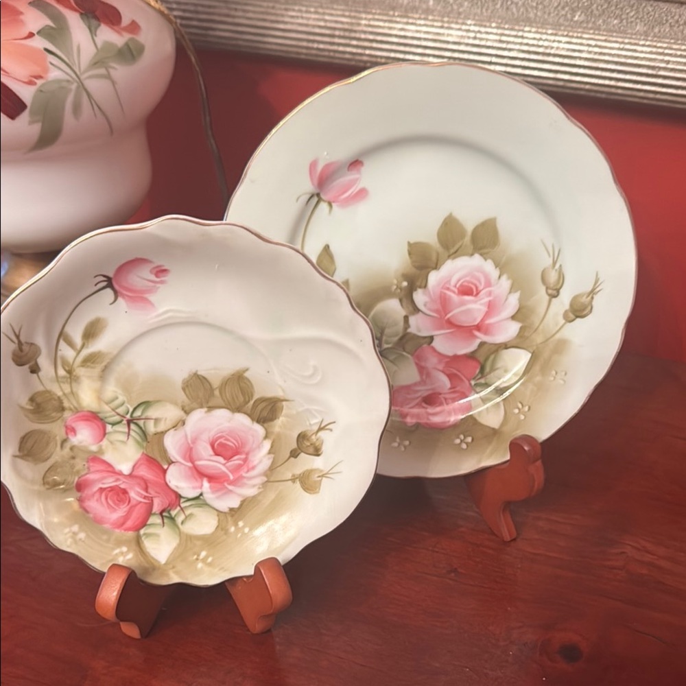 Lefton Floral Pink and Green Decorative Plates. Includes both plates.